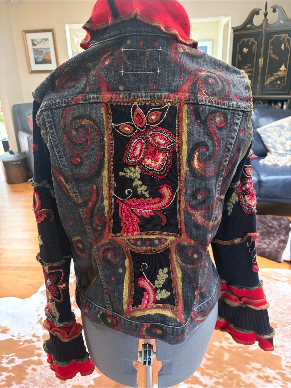 Women's Black Washed Denim Jacket with Red & Gold Embroidered Accents - Picture 2 of 6